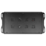 Underside of black amplifier showing ventilation slots, screws and mounting tabs