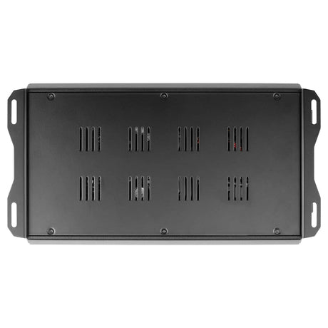 Underside of black amplifier showing ventilation slots, screws and mounting tabs