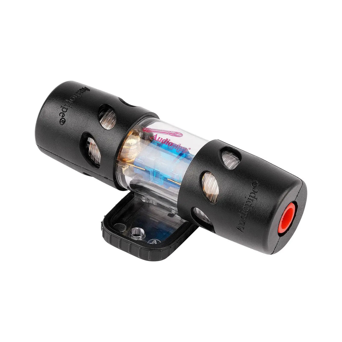 Audiopipe inline fuse holder with a clear center section and black mounting base
