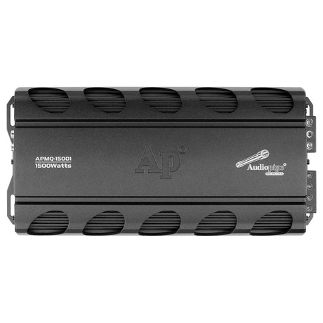Top of an Audiopipe APMQ-15001 amplifier with vented edges and a printed 1500-watt label
