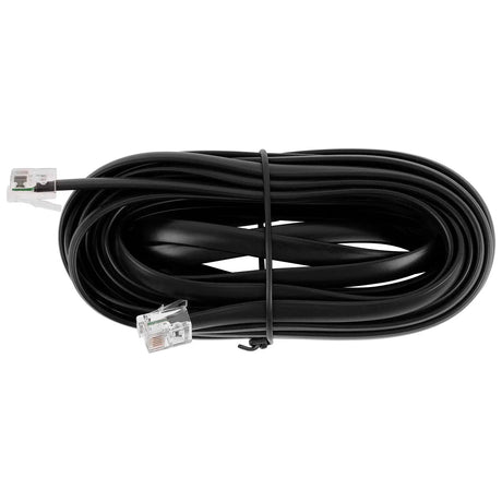 Coiled black amplifier remote-control cable with clear modular plugs