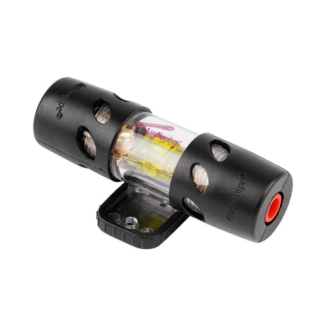 Inline fuse holder with clear center, black end caps and mounting base
