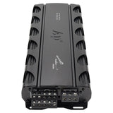 Audiopipe amplifier angled view showing its vented housing and speaker and power terminals
