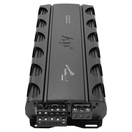 Audiopipe amplifier angled view showing its vented housing and speaker and power terminals