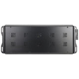 Bottom view of a long black amplifier with rows of cooling slots and slotted mounting tabs