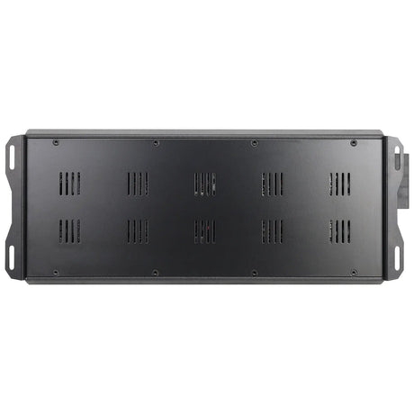 Bottom view of a long black amplifier with rows of cooling slots and slotted mounting tabs