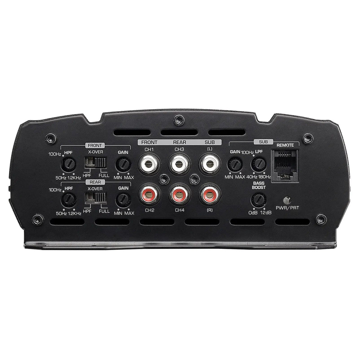Amplifier input panel with six RCA sockets, front and rear crossover controls, subwoofer adjustments and remote socket