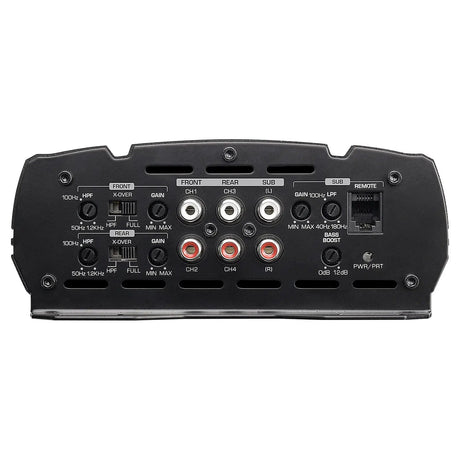 Amplifier input panel with six RCA sockets, front and rear crossover controls, subwoofer adjustments and remote socket