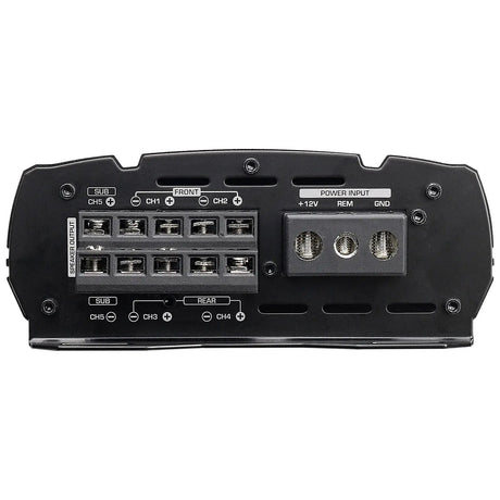 Amplifier output panel with front, rear and subwoofer speaker connections plus +12V, REM and GND terminals