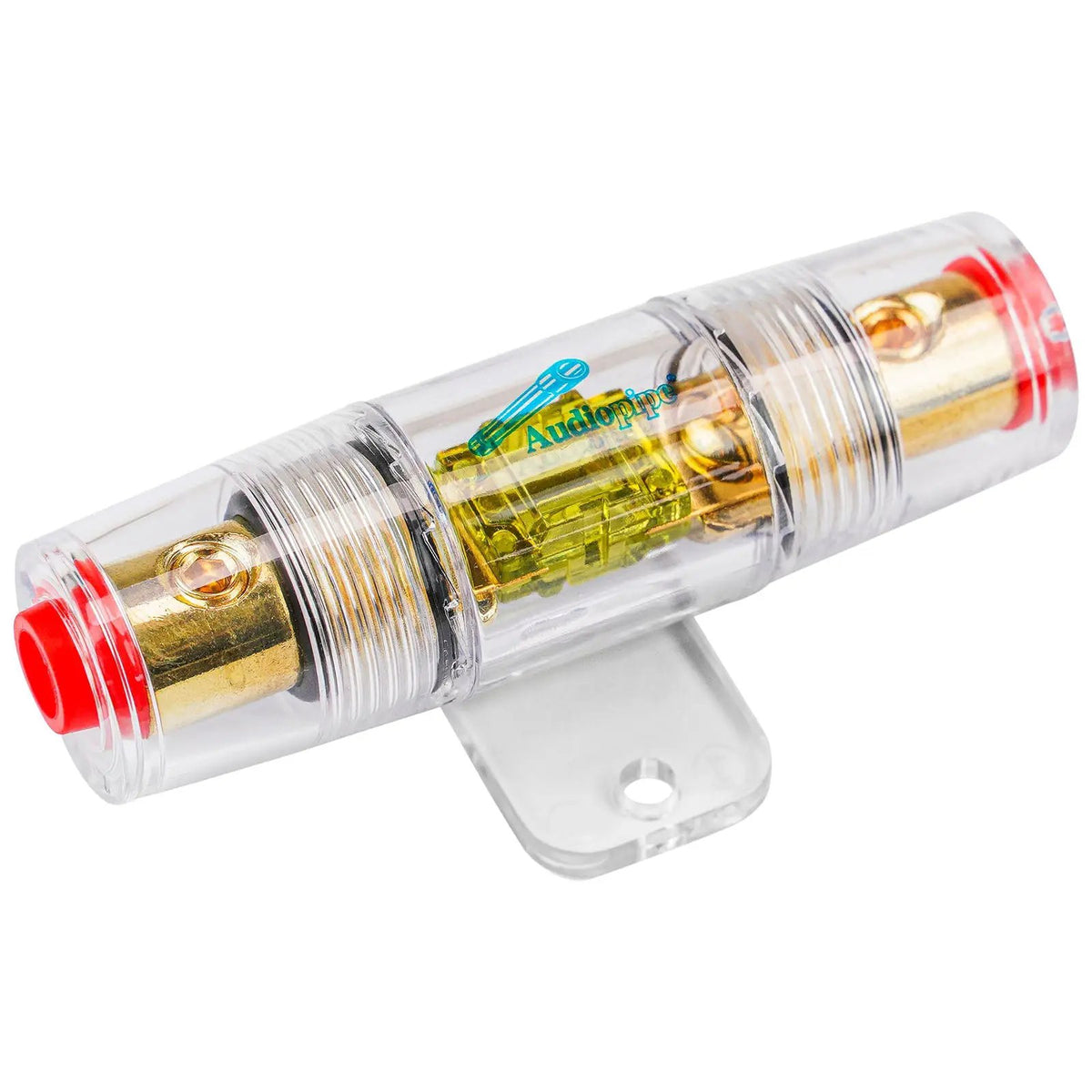 Clear cylindrical Audiopipe inline fuse holder with red cable openings and a mounting foot