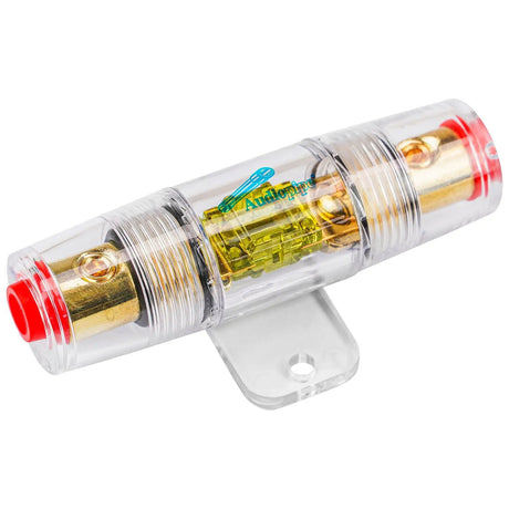 Clear cylindrical Audiopipe inline fuse holder with red cable openings and a mounting foot