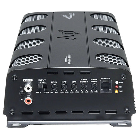 Audiopipe amplifier input panel with RCA sockets, gain and crossover controls, remote port and status lights