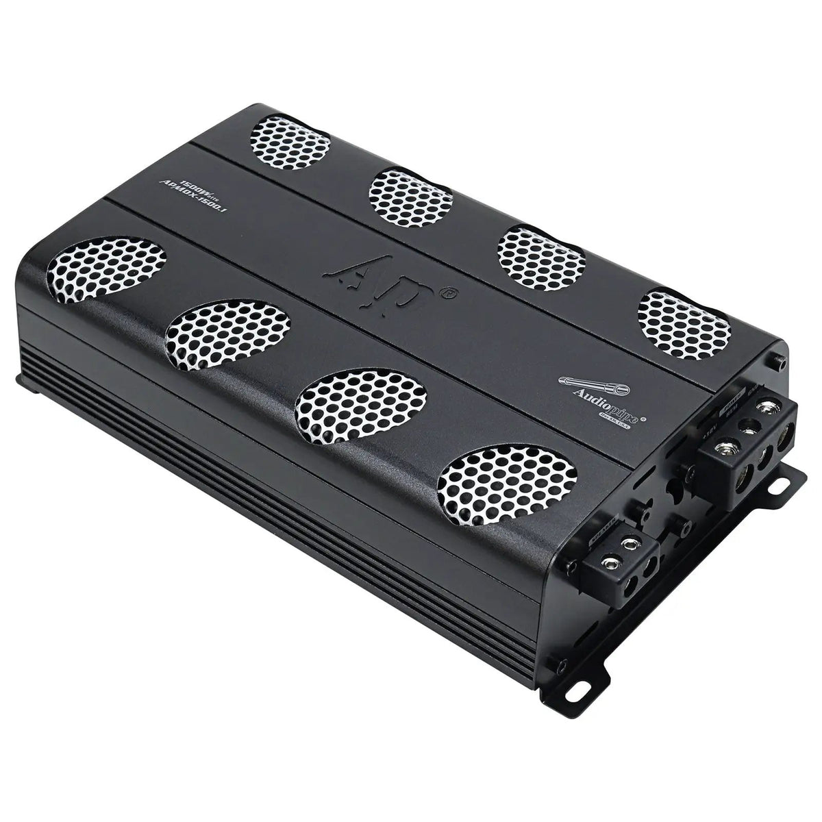 Angled Audiopipe amplifier with eight mesh-covered openings and an exposed terminal strip