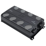 Angled Audiopipe amplifier with eight mesh-covered openings and an exposed terminal strip