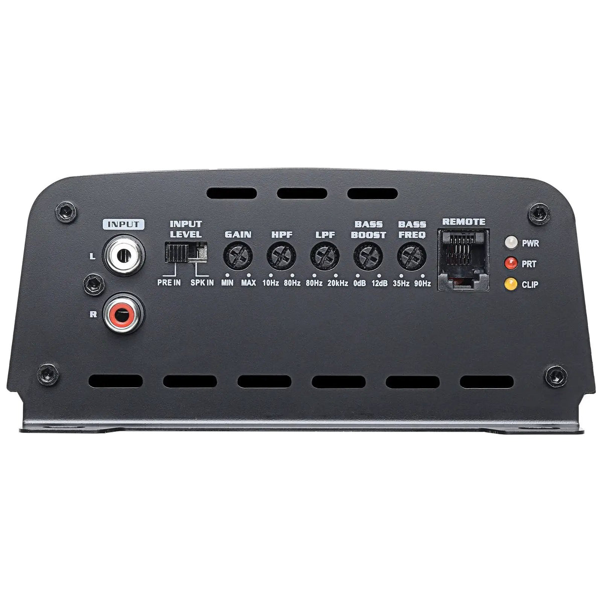 Audiopipe amplifier input panel with two RCA sockets, gain and filter controls and a remote port