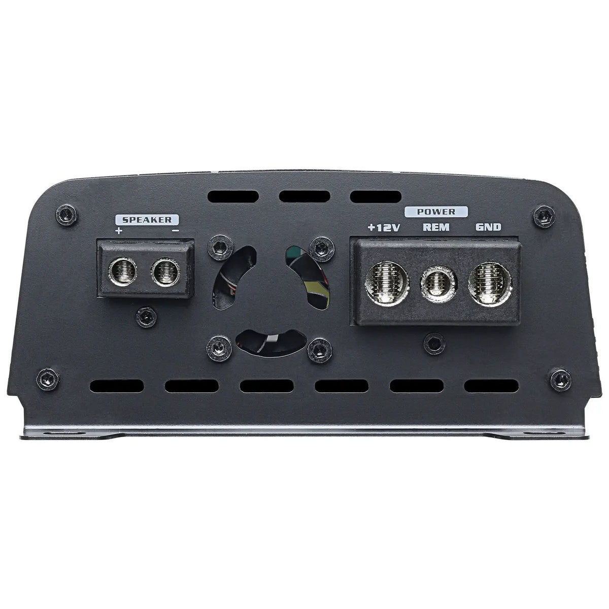Amplifier end panel with speaker and power terminals flanking a small cooling fan