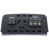 Amplifier end panel with speaker and power terminals flanking a small cooling fan