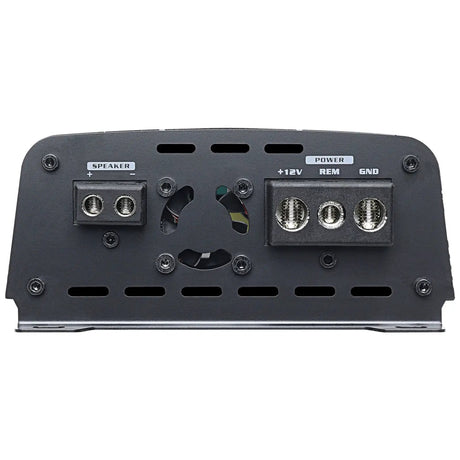 Amplifier end panel with speaker and power terminals flanking a small cooling fan