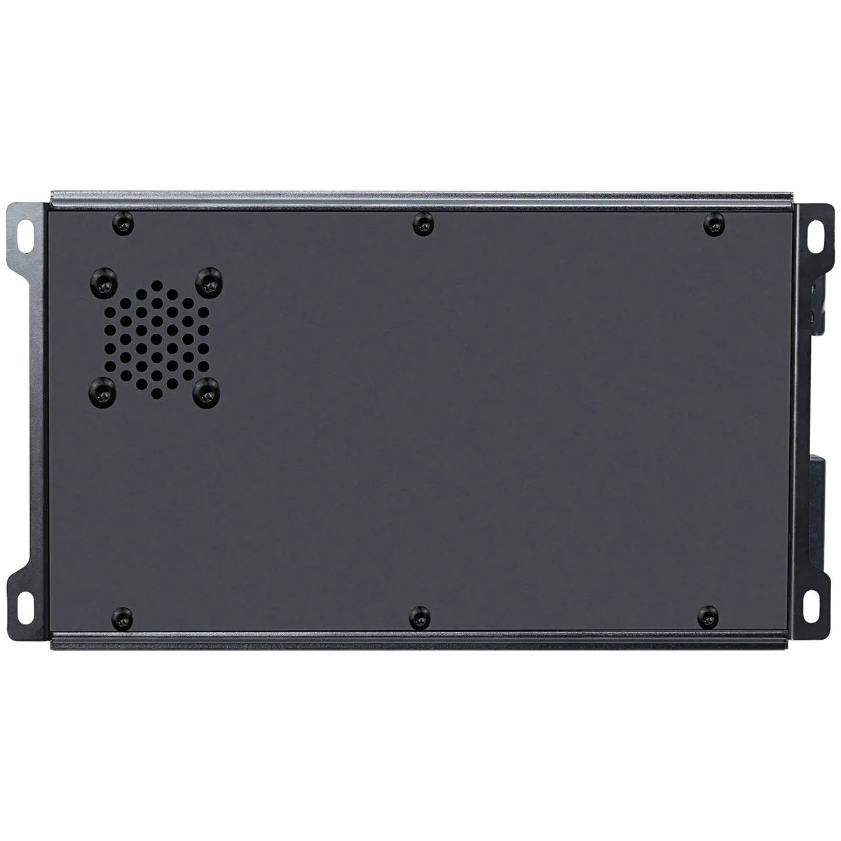 Black amplifier underside with mounting tabs and a circular cluster of ventilation holes