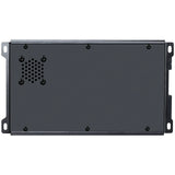 Black amplifier underside with mounting tabs and a circular cluster of ventilation holes
