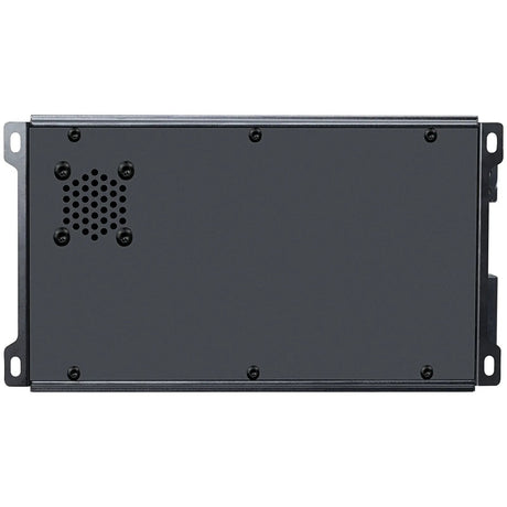 Black amplifier underside with mounting tabs and a circular cluster of ventilation holes