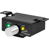 Amplifier remote with silver knob and power and clip indicators