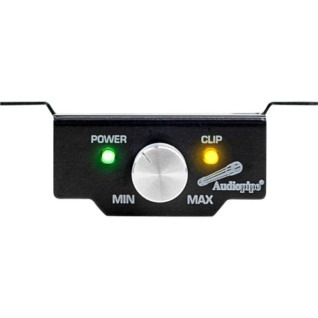 Amplifier remote control with a silver knob and power and clip indicators
