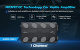 APMOX-1500.1 single-channel amplifier graphic lists 1500W maximum, 9–16V operation and 10Hz–20kHz response