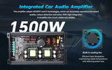 Audiopipe 1500W amplifier graphic highlighting MOSFET and IC circuitry and a built-in cooling fan