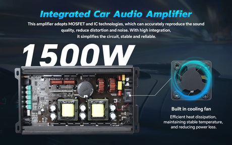 Audiopipe 1500W amplifier graphic highlighting MOSFET and IC circuitry and a built-in cooling fan