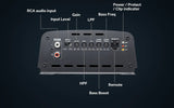 Amplifier control guide labels RCA input, input-level switch, gain, high/low-pass filters, bass controls, remote port and status lights