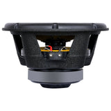 Side view of an Audiopipe woofer showing its basket, yellow suspension, terminals and magnet