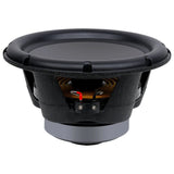 Angled view of a black woofer showing its broad surround, basket, suspension and terminal block