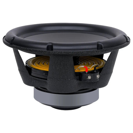 Low-angle view of an Audiopipe woofer showing its black cone, yellow suspension and terminal block