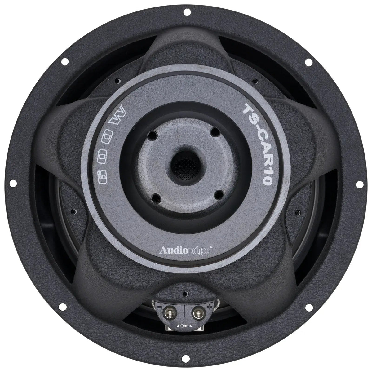Audiopipe TS-CAR10 woofer rear view showing its labeled magnet, basket and terminals