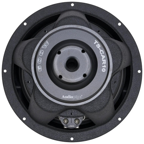 Audiopipe TS-CAR10 woofer rear view showing its labeled magnet, basket and terminals
