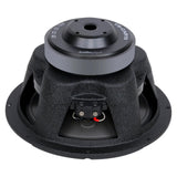 Inverted Audiopipe woofer showing its vented magnet, black basket and terminal block