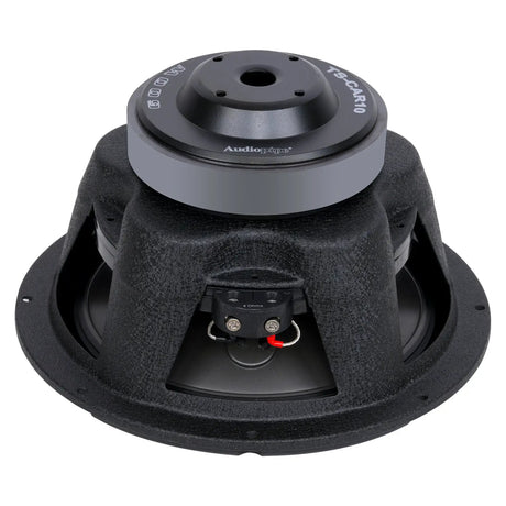 Inverted Audiopipe woofer showing its vented magnet, black basket and terminal block