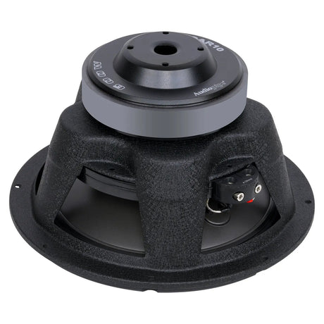 Rear angled view of an Audiopipe TS-CAR10 woofer with a vented magnet and terminal block marked 4 ohms
