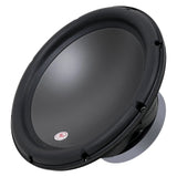 Angled front view of an Audiopipe woofer with smooth black cone and small red-and-white badge