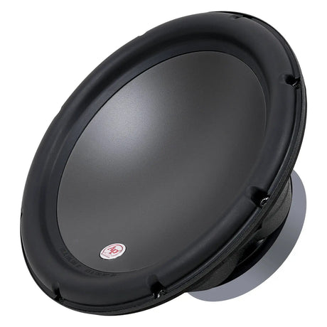 Angled front view of an Audiopipe woofer with smooth black cone and small red-and-white badge