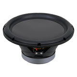 Side-angled view of an Audiopipe woofer with smooth black cone, wide surround and terminal block
