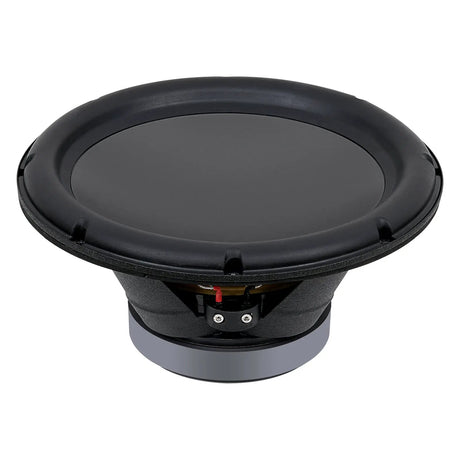 Side-angled view of an Audiopipe woofer with smooth black cone, wide surround and terminal block
