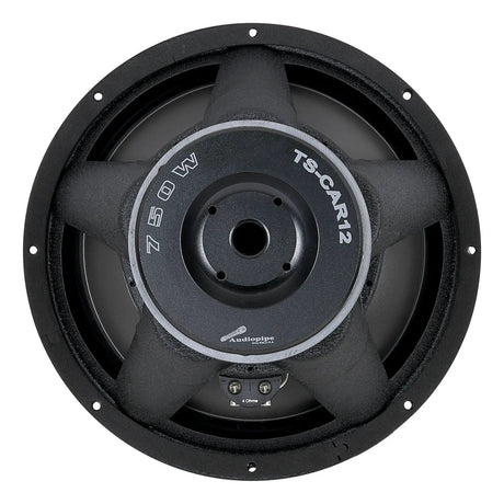 Rear view of an Audiopipe woofer marked TS-CAR12 and 750W, with vent and terminal block