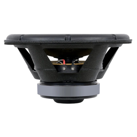 Side profile of an Audiopipe woofer showing open basket, terminal block and magnet