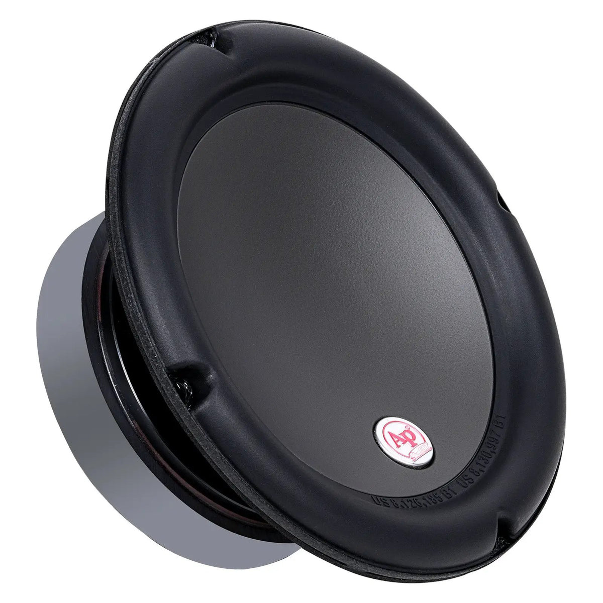 Angled Audiopipe woofer with a smooth gray cone and broad black surround