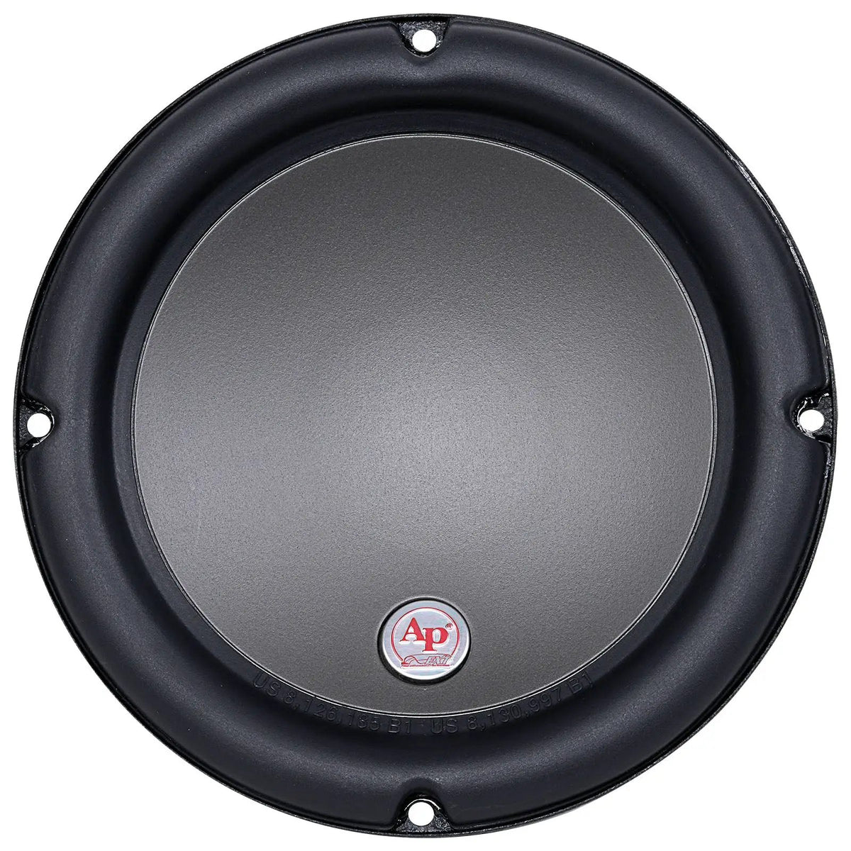 Front of an Audiopipe woofer with a smooth gray cone and four mounting holes