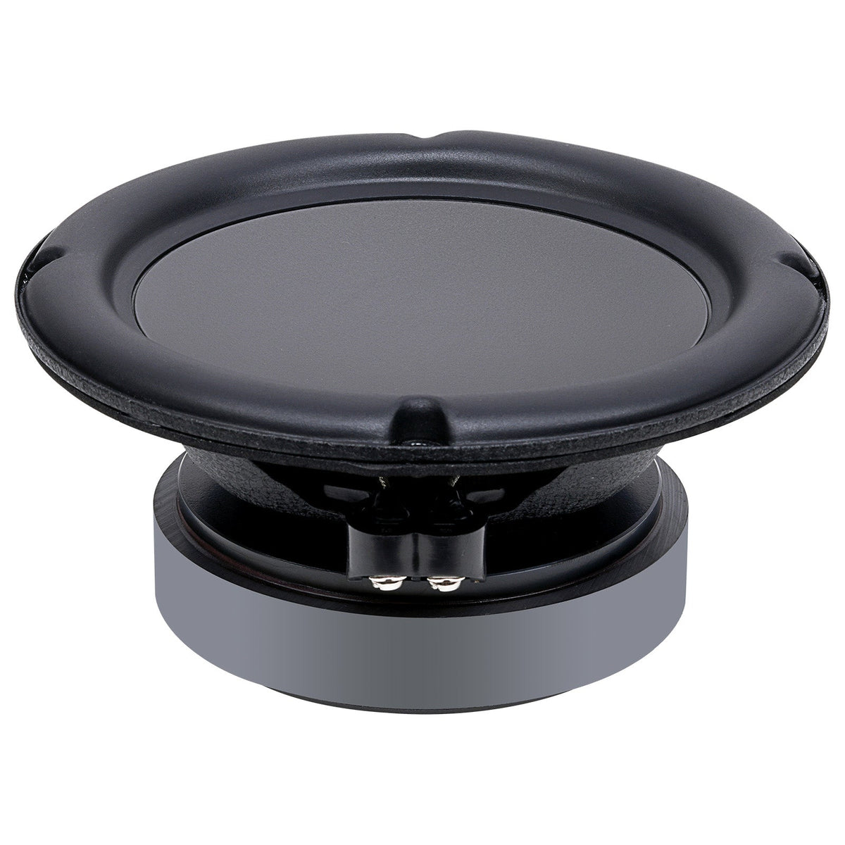 Black woofer, low angled view showing its smooth cone, basket and motor