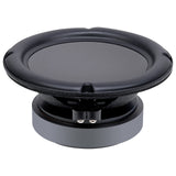 Black woofer, low angled view showing its smooth cone, basket and motor