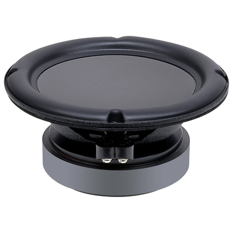 Black woofer, low angled view showing its smooth cone, basket and motor
